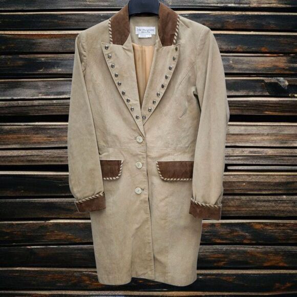 Vintage Lew Magram Leather Suede Jacket Womens 6 Tan Brown Western Studs Casual - Picture 2 of 15